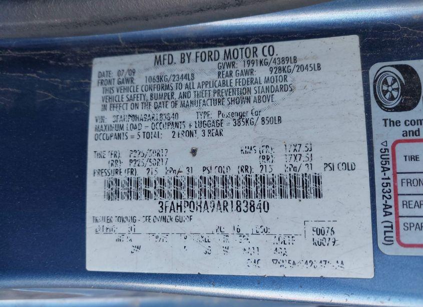 Photo 9 of 2010 Ford Fusion SE (VIN 3FAHP0HA9AR183840)