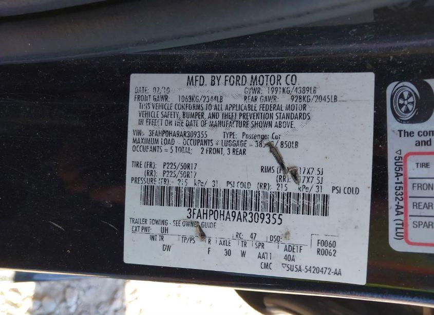 Photo 9 of 2010 Ford Fusion SE (VIN 3FAHP0HA9AR309355)