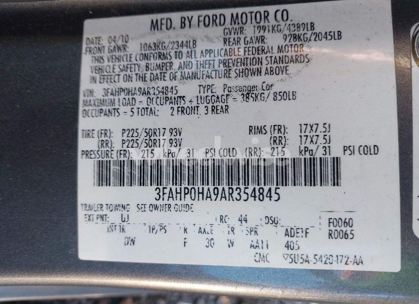 Photo 9 of 2010 Ford Fusion SE (VIN 3FAHP0HA9AR354845)