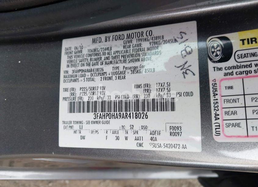 Photo 9 of 2010 Ford Fusion SE (VIN 3FAHP0HA9AR418026)