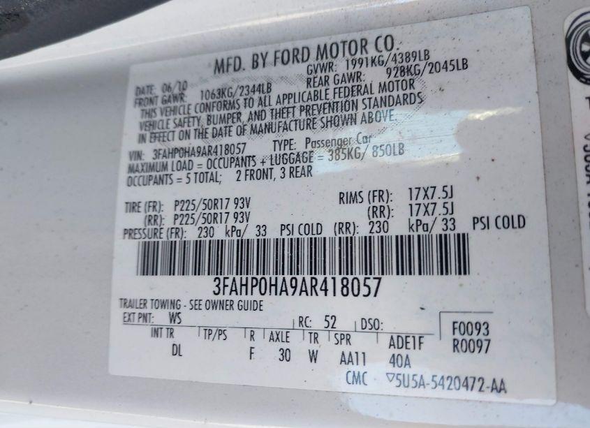 Photo 9 of 2010 Ford Fusion SE (VIN 3FAHP0HA9AR418057)