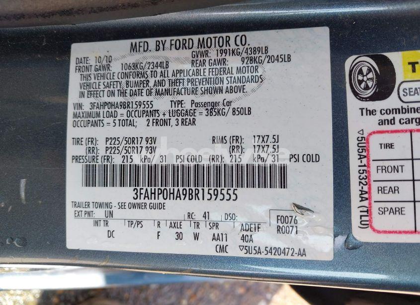 Photo 9 of 2011 Ford Fusion SE (VIN 3FAHP0HA9BR159555)