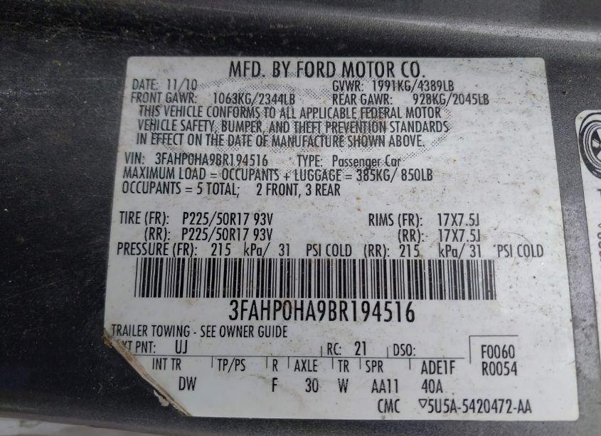 Photo 9 of 2011 Ford Fusion SE (VIN 3FAHP0HA9BR194516)