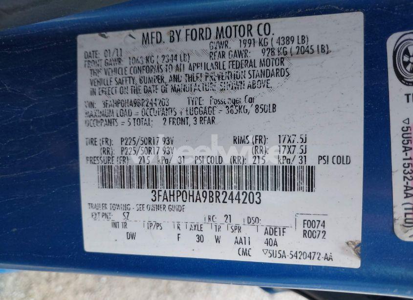 Photo 9 of 2011 Ford Fusion SE (VIN 3FAHP0HA9BR244203)