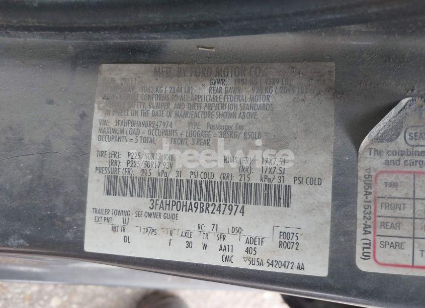 Photo 9 of 2011 Ford Fusion SE (VIN 3FAHP0HA9BR247974)