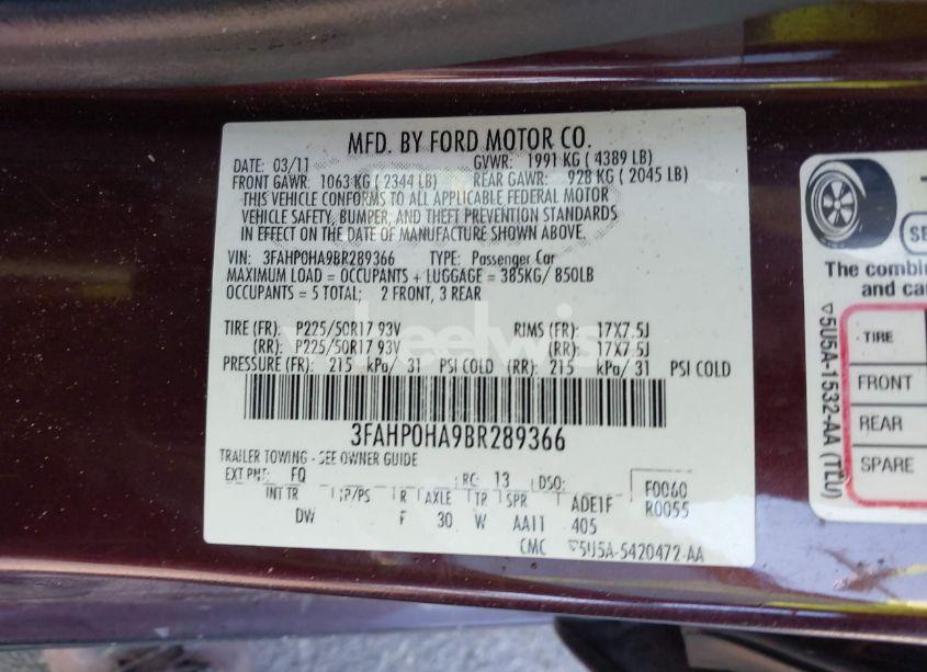 Photo 9 of 2011 Ford Fusion SE (VIN 3FAHP0HA9BR289366)