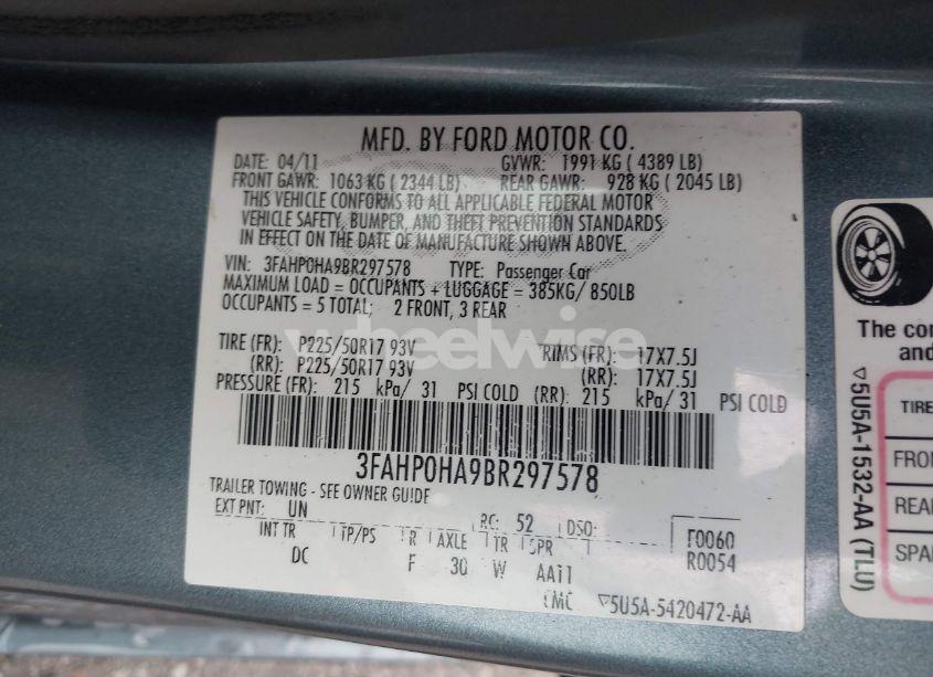 Photo 9 of 2011 Ford Fusion SE (VIN 3FAHP0HA9BR297578)