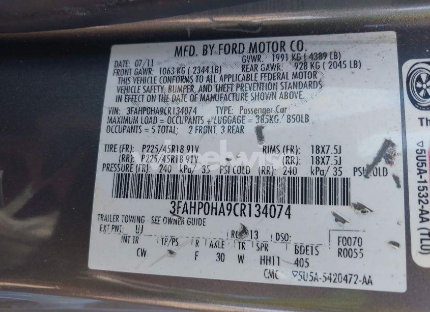 Photo 9 of 2012 Ford Fusion SE (VIN 3FAHP0HA9CR134074)