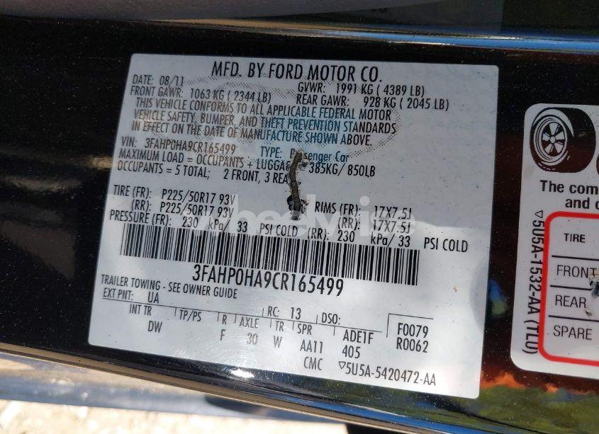 Photo 9 of 2012 Ford Fusion SE (VIN 3FAHP0HA9CR165499)