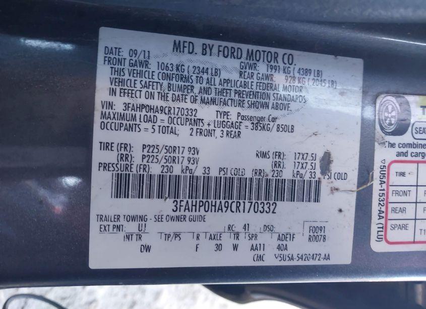 Photo 9 of 2012 Ford Fusion SE (VIN 3FAHP0HA9CR170332)