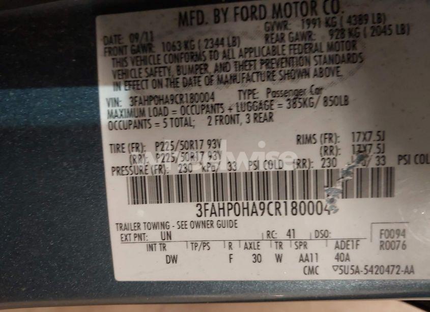 Photo 9 of 2012 Ford Fusion SE (VIN 3FAHP0HA9CR180004)