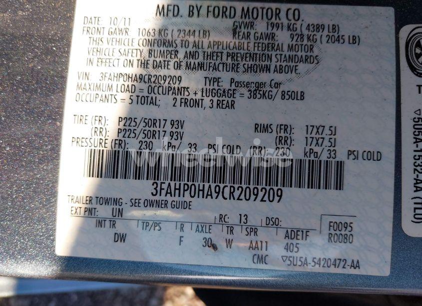 Photo 9 of 2012 Ford Fusion SE (VIN 3FAHP0HA9CR209209)