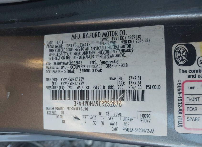 Photo 9 of 2012 Ford Fusion SE (VIN 3FAHP0HA9CR232876)