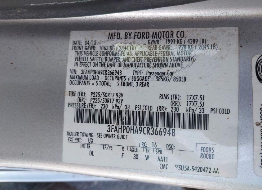 Photo 9 of 2012 Ford Fusion SE (VIN 3FAHP0HA9CR366948)