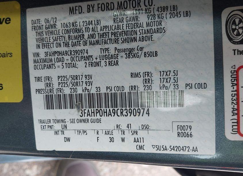 Photo 9 of 2012 Ford Fusion SE (VIN 3FAHP0HA9CR390974)