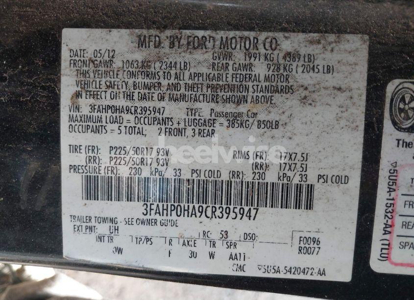 Photo 9 of 2012 Ford Fusion SE (VIN 3FAHP0HA9CR395947)