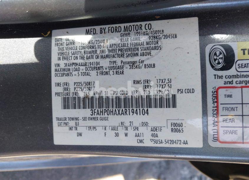 Photo 9 of 2010 Ford Fusion SE (VIN 3FAHP0HAXAR194104)