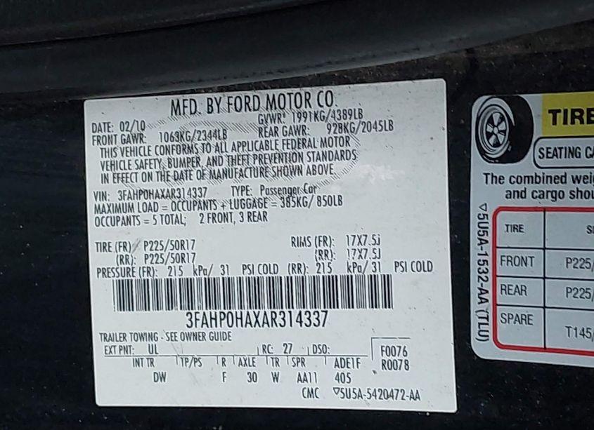 Photo 9 of 2010 Ford Fusion SE (VIN 3FAHP0HAXAR314337)