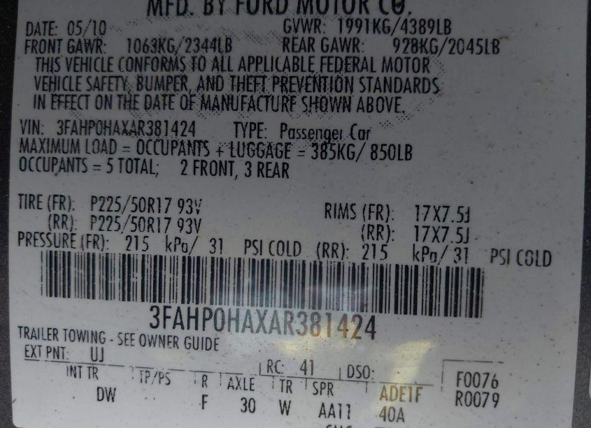 Photo 9 of 2010 Ford Fusion SE (VIN 3FAHP0HAXAR381424)