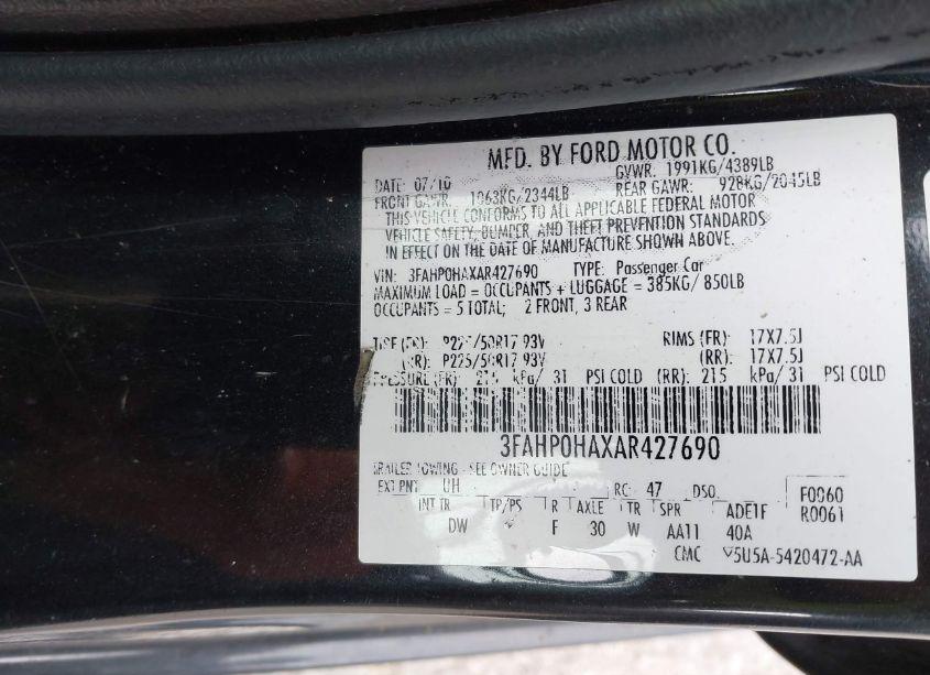 Photo 9 of 2010 Ford Fusion SE (VIN 3FAHP0HAXAR427690)