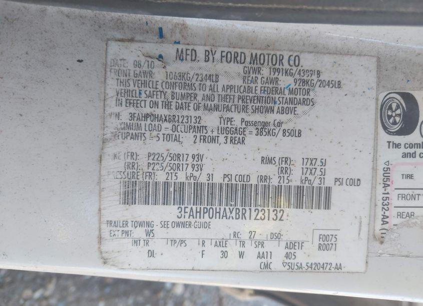 Photo 9 of 2011 Ford Fusion SE (VIN 3FAHP0HAXBR123132)