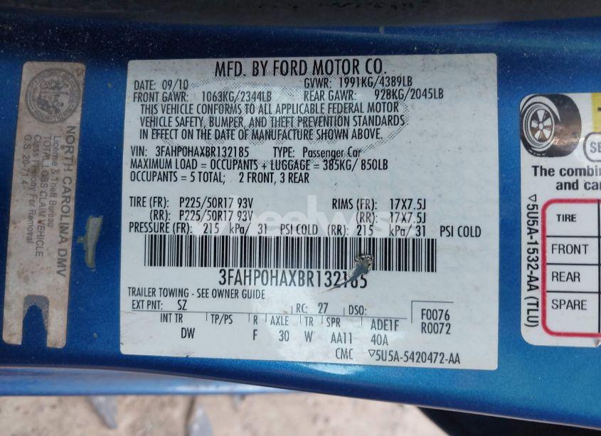 Photo 9 of 2011 Ford Fusion SE (VIN 3FAHP0HAXBR132185)