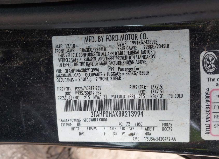Photo 9 of 2011 Ford Fusion SE (VIN 3FAHP0HAXBR213994)
