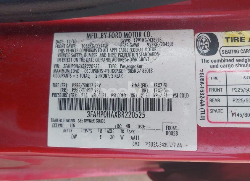 Photo 9 of 2011 Ford Fusion SE (VIN 3FAHP0HAXBR220525)
