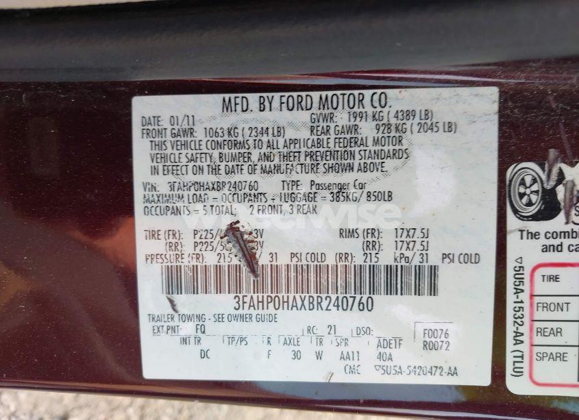 Photo 9 of 2011 Ford Fusion SE (VIN 3FAHP0HAXBR240760)