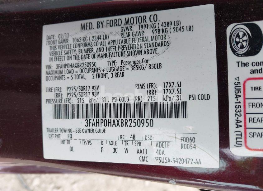 Photo 9 of 2011 Ford Fusion SE (VIN 3FAHP0HAXBR250950)