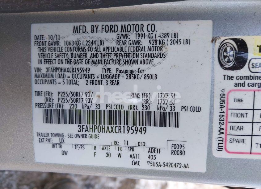 Photo 9 of 2012 Ford Fusion SE (VIN 3FAHP0HAXCR195949)