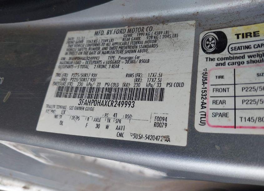 Photo 9 of 2012 Ford Fusion SE (VIN 3FAHP0HAXCR249993)