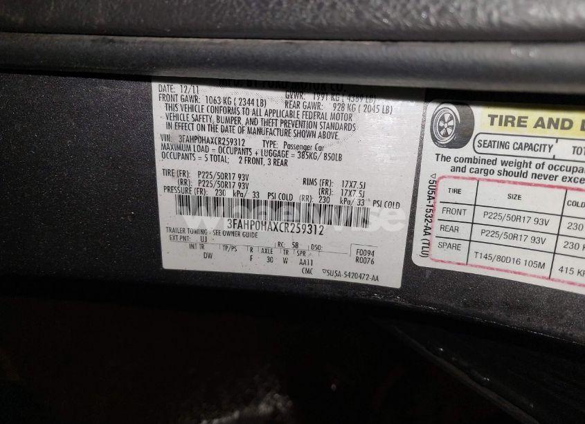 Photo 9 of 2012 Ford Fusion SE (VIN 3FAHP0HAXCR259312)