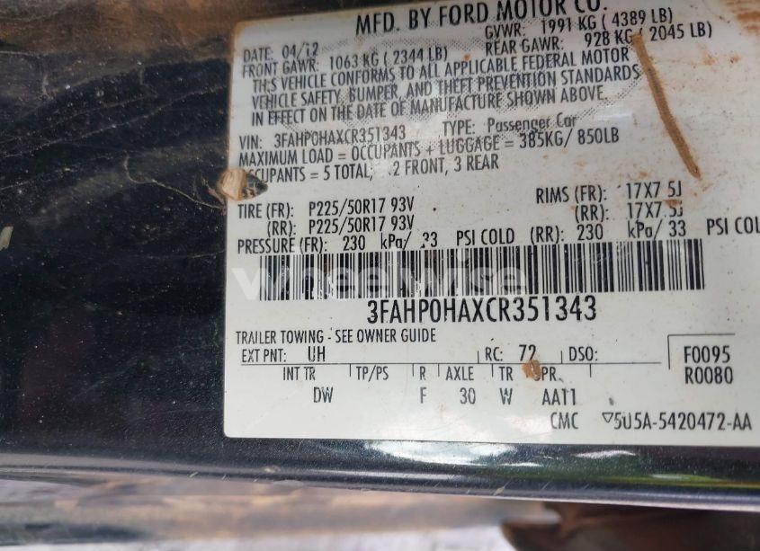 Photo 9 of 2012 Ford Fusion SE (VIN 3FAHP0HAXCR351343)