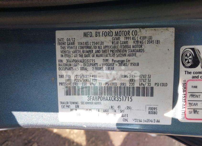 Photo 9 of 2012 Ford Fusion SE (VIN 3FAHP0HAXCR351715)