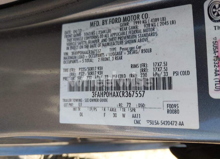 Photo 9 of 2012 Ford Fusion SE (VIN 3FAHP0HAXCR367557)