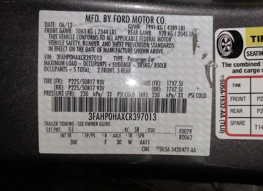Photo 9 of 2012 Ford Fusion SE (VIN 3FAHP0HAXCR397013)