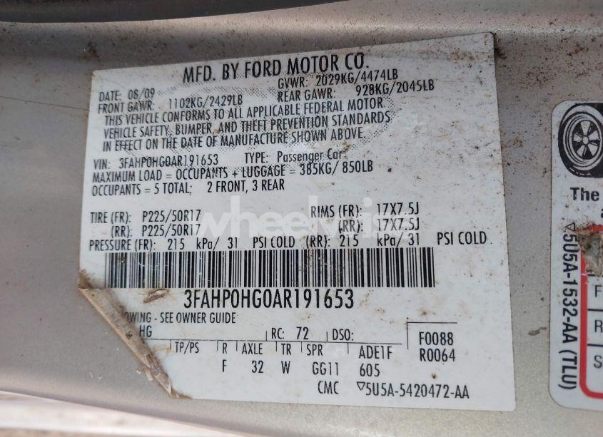 Photo 9 of 2010 Ford Fusion SE (VIN 3FAHP0HG0AR191653)