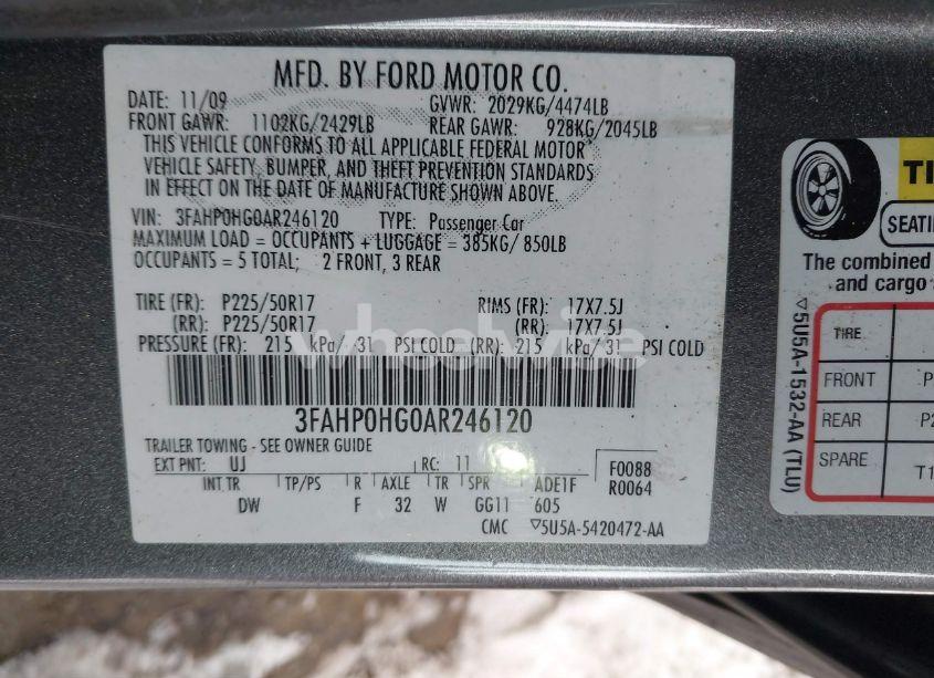 Photo 9 of 2010 Ford Fusion SE (VIN 3FAHP0HG0AR246120)