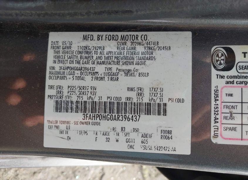 Photo 9 of 2010 Ford Fusion SE (VIN 3FAHP0HG0AR396437)