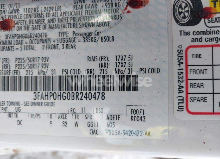 Photo 9 of 2011 Ford Fusion (VIN 3FAHP0HG0BR240478)