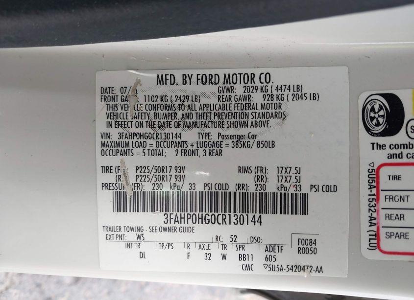 Photo 9 of 2012 Ford Fusion SE (VIN 3FAHP0HG0CR130144)