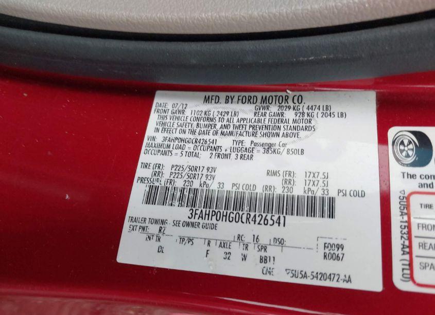 Photo 9 of 2012 Ford Fusion SE (VIN 3FAHP0HG0CR426541)