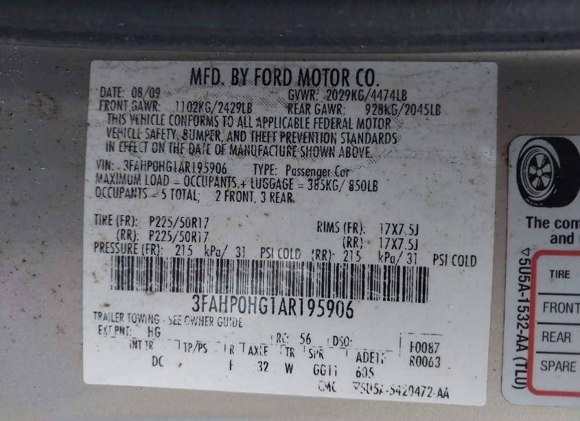 Photo 9 of 2010 Ford Fusion SE (VIN 3FAHP0HG1AR195906)