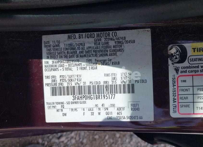 Photo 9 of 2011 Ford Fusion SE (VIN 3FAHP0HG1BR195177)