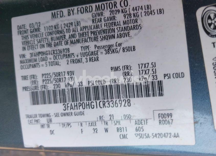 Photo 9 of 2012 Ford Fusion SE (VIN 3FAHP0HG1CR336928)