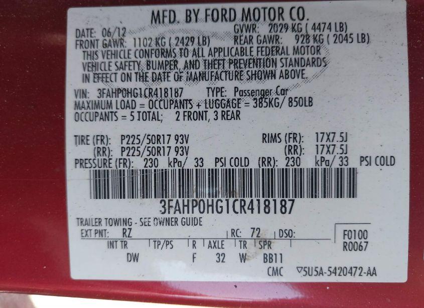 Photo 9 of 2012 Ford Fusion SE (VIN 3FAHP0HG1CR418187)