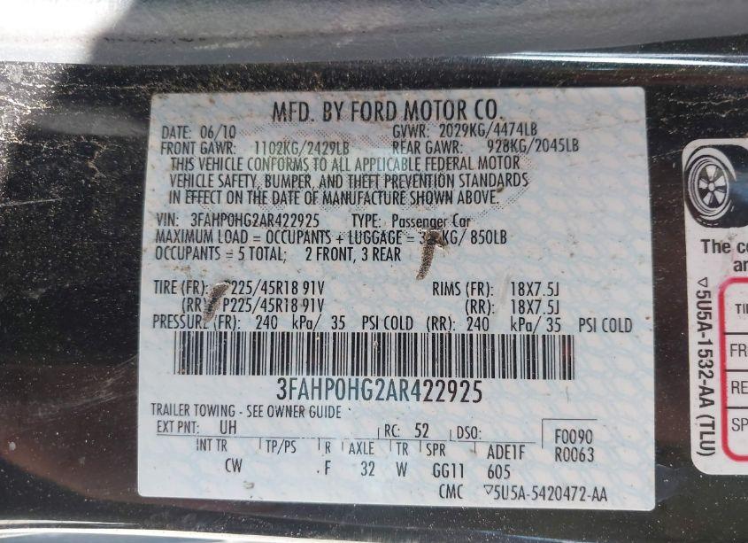 Photo 9 of 2010 Ford Fusion SE (VIN 3FAHP0HG2AR422925)