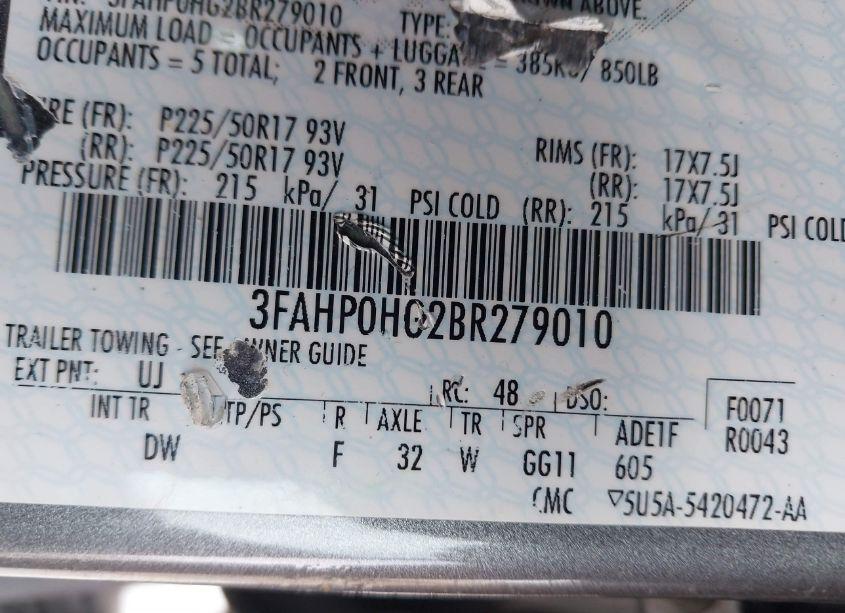 Photo 9 of 2011 Ford Fusion SE (VIN 3FAHP0HG2BR279010)