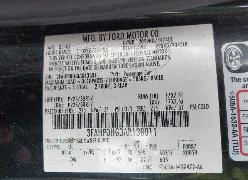 Photo 9 of 2010 Ford Fusion SE (VIN 3FAHP0HG3AR138011)